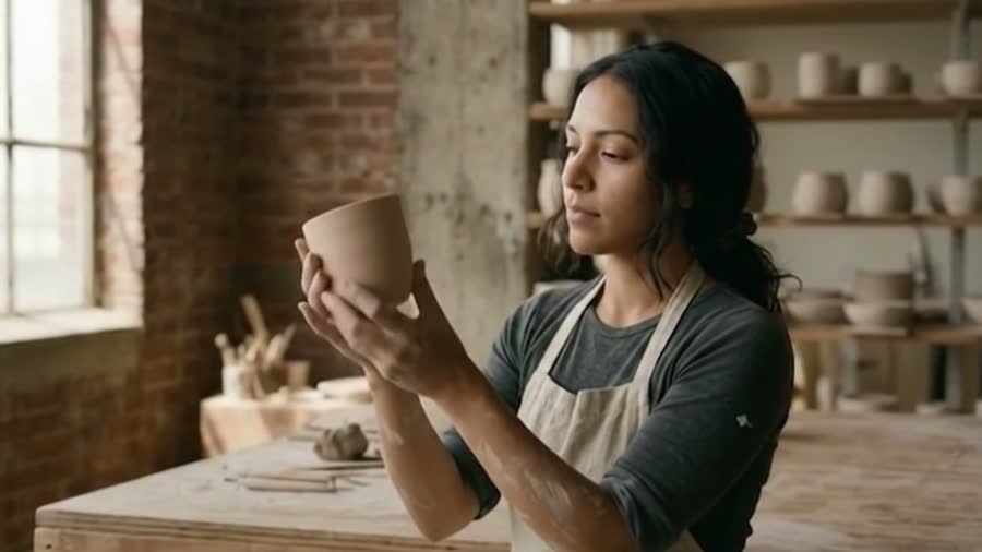 A potter turning a cup over in her hands at the bench.